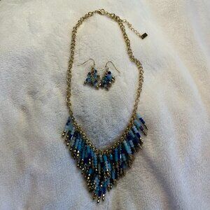 INC International Concepts Bib Necklace Earring Gold Tone Metal Blue Beads Set